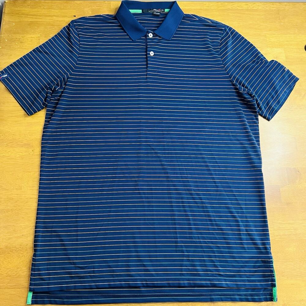 Ralph Lauren RLX Polo Shirt Mens Large Purple Golf Striped Short Sleeve Colonial